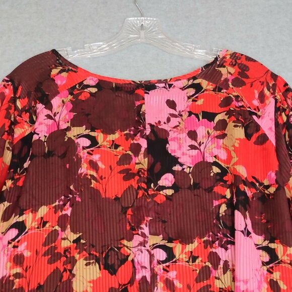 Lane Bryant 22 Accordion Floral Spring Lined Key Hole Blouse Chiffon Red Pink - Picture 9 of 15